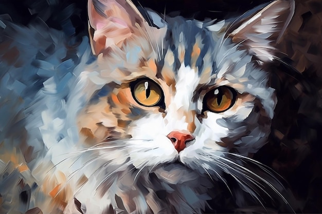 A painting of a cat with yellow eyes.