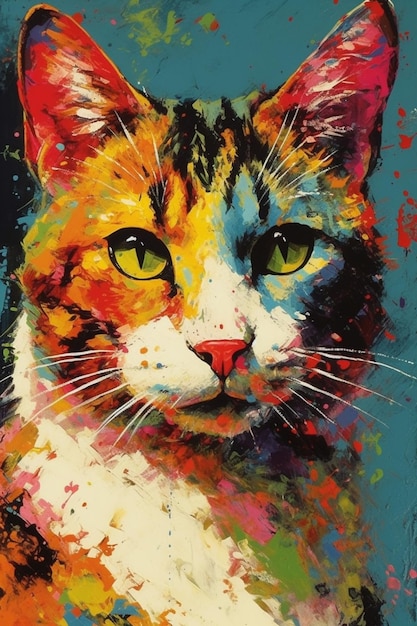 A painting of a cat with yellow eyes.