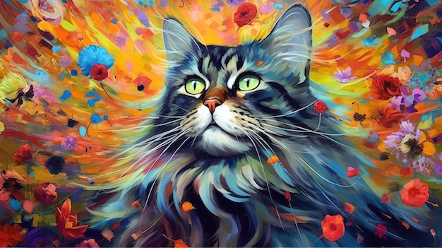 A painting of a cat with a yellow eyes.