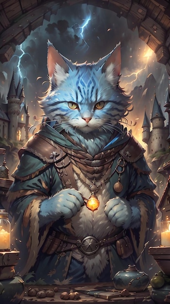 Photo a painting of a cat in a wizard outfit