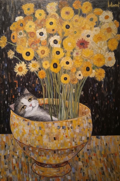 노란 꽃병에 꽃이 있는 고양이 그림.