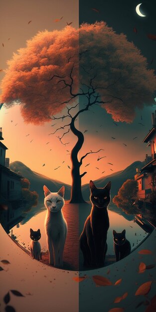 A painting of cats in front of a tree with the words " cat " on the bottom.