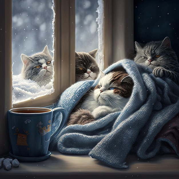 A painting of cats wrapped in a blanket and a cup of coffee is on a window sill.