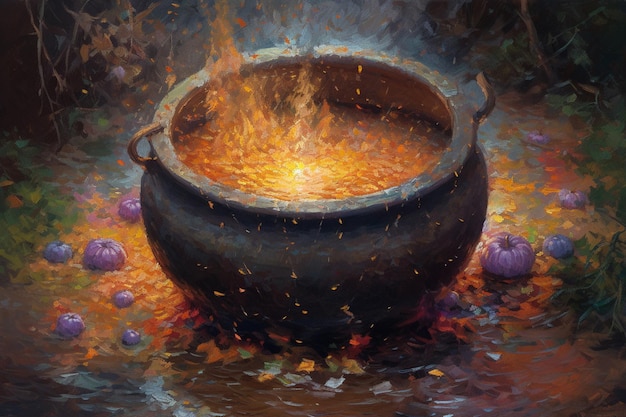 A painting of a cauldron with a fire in it.