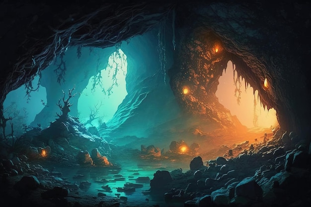 A painting of a cave with a blue and orange light and the word cave on the bottom