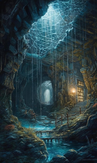 A painting of a cave with a light coming through it