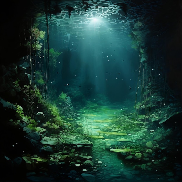 a painting of a cave with a light shining through the water.