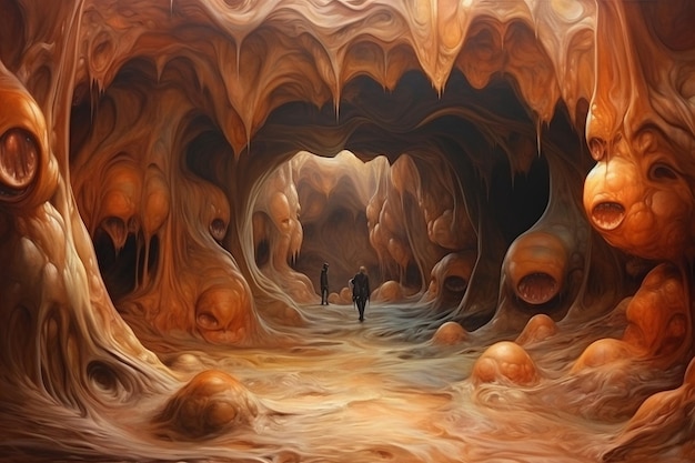 a painting of a cave with a man standing in the middle of it