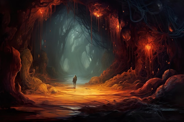 A painting of a cave with a man walking in the middle of it