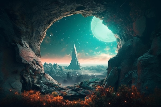 A painting of a cave with a moon in the background