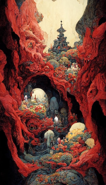 A painting of a cave with a red background and a red cave with a man in a hat.