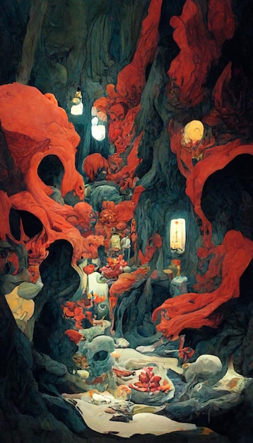 A painting of a cave with a red and black background and a red wall with a red light hanging from it.