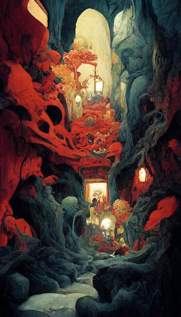 Картина пещеры с красно-синим фоном, мужчиной в шляпе и женщиной в красном платье.