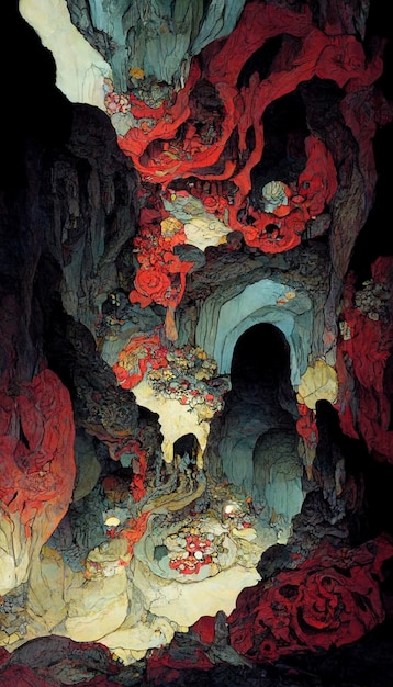 A painting of a cave with a red and blue background and the words " the word " on the bottom.