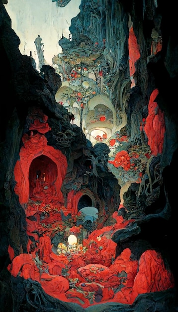 A painting of a cave with a red light and a lamp on the left side.