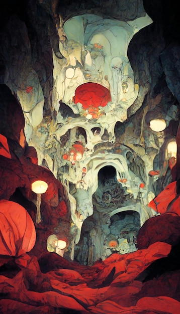 A painting of a cave with red lights and a red lamp hanging from the ceiling.