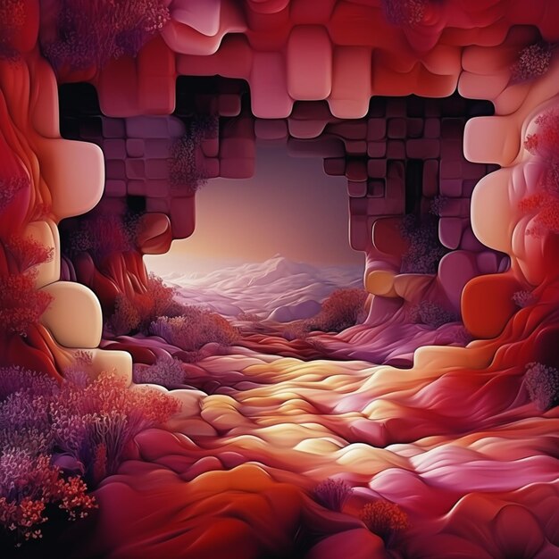 Foto dipinto di una grotta con un fiume che la attraversa generativo ai