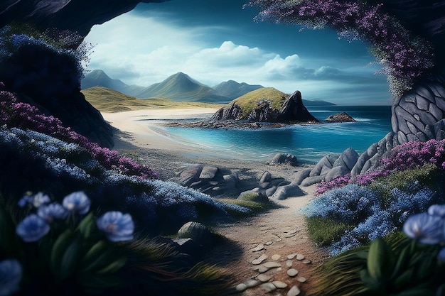 A painting of a cave with a view of the sea and mountains in the background.