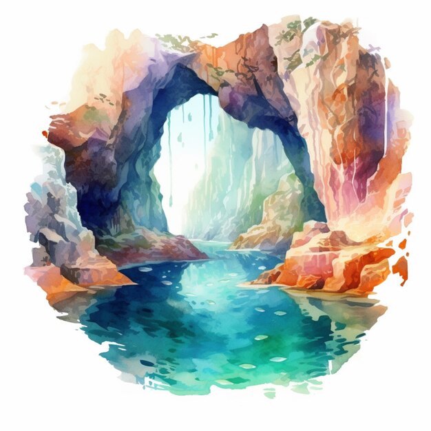 painting of a cave with a water hole and a waterfall generative ai