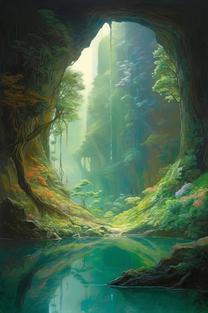 A painting of a cave with a waterfall in the background.