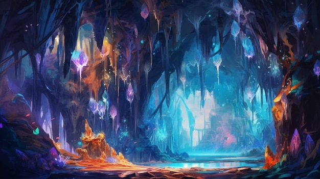 a painting of a cave with a waterfall and a waterfall generative ai