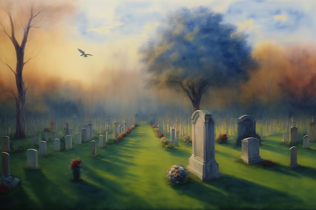 A Painting Of A Cemetery With A Bird Flying Over It