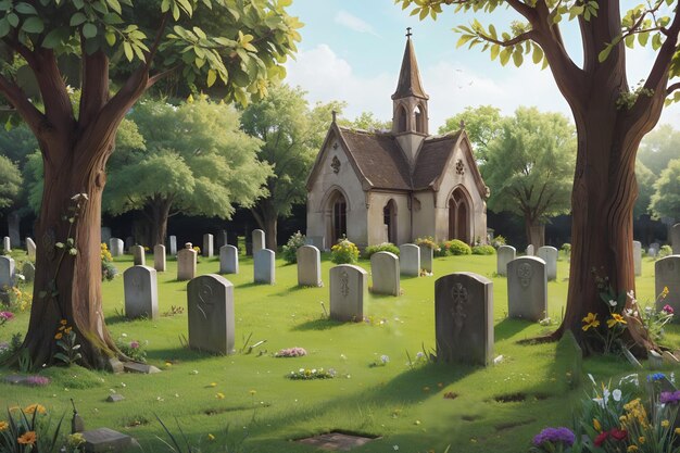 a painting of a cemetery with a church in the background