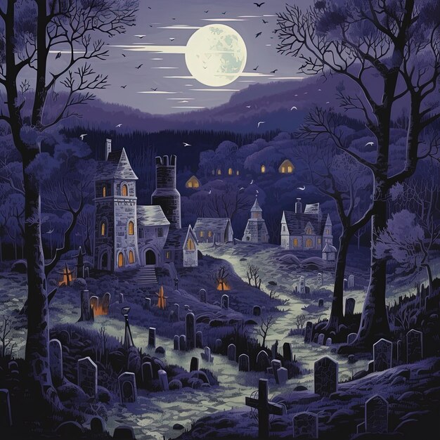 a painting of a cemetery with a full moon in the background