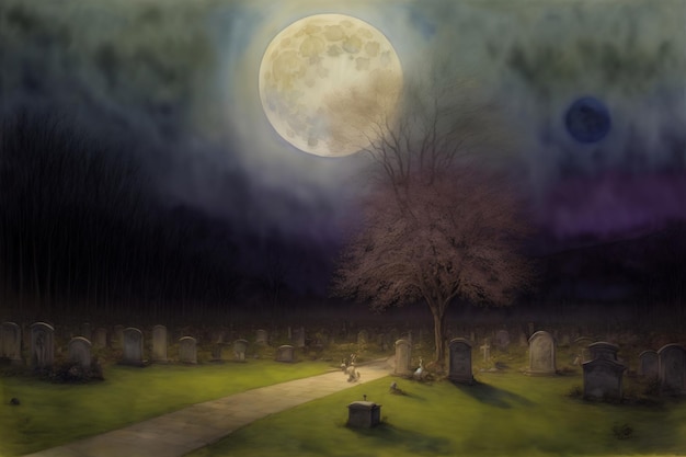 A Painting Of A Cemetery With A Full Moon In The Background