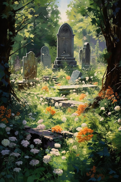 Photo a painting of a cemetery with a grave with flowers in it