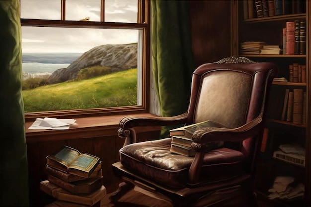 A painting of a chair by the window with a view of the ocean.