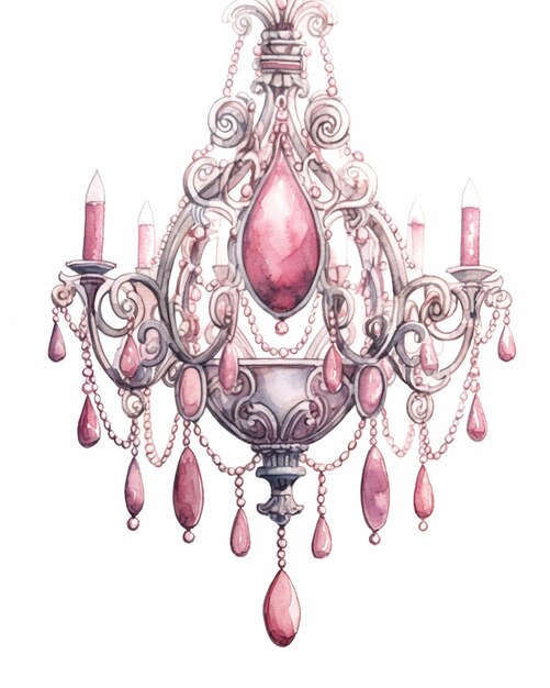 A painting of a chandelier with pink crystals and candles generative ai