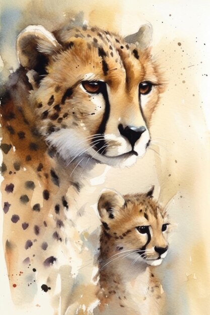 A painting of a cheetah and her cub