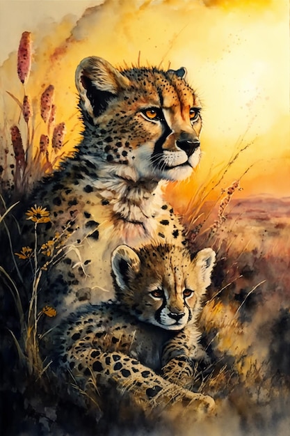 A painting of a cheetah and her cub