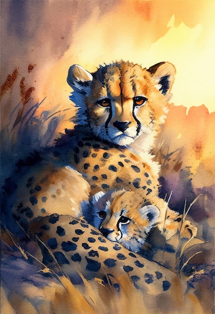 A painting of a cheetah and her cub