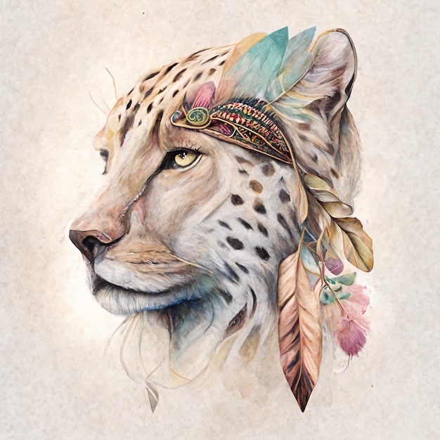 painting of a cheetah with feathers on its head generative ai