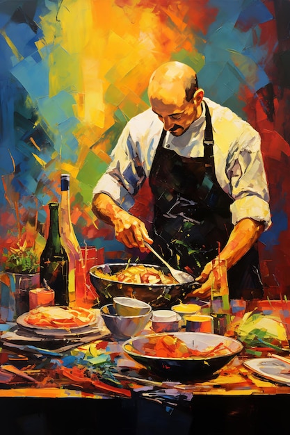 a painting of a chef cooking food