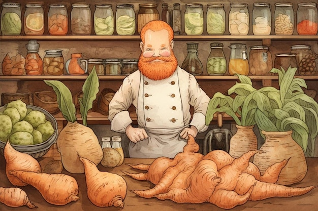 a painting of a chef with a beard and mustache with a beard and mustache.