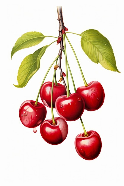 Painting of cherries hanging from branch with leaves Generative AI