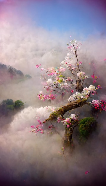 A painting of a cherry blossom tree in the fog