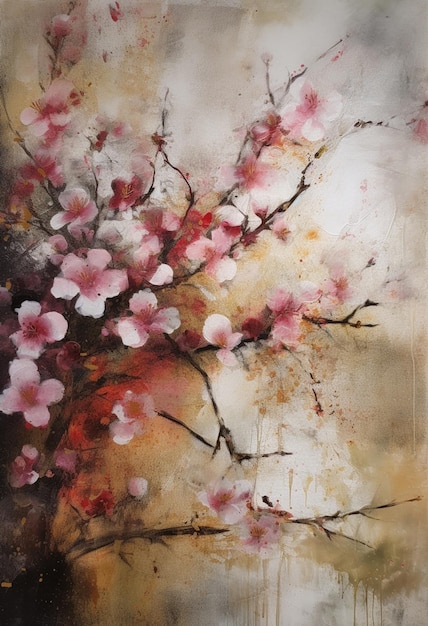 Картина цветущей сакуры в саду.