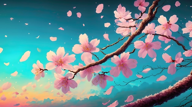 a painting of a cherry blossom tree with a bird flying in the sky