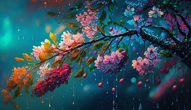 Photo a painting of a cherry blossom tree with a rainbow of colors.