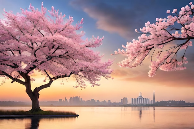 A painting of cherry blossoms in front of a city skyline