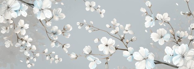 Photo painting of cherry blossoms in shades of pale blue on light gray background