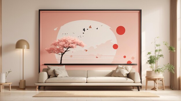 a painting of a cherry tree is above a couch