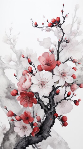 Photo a painting of a cherry tree with red berries