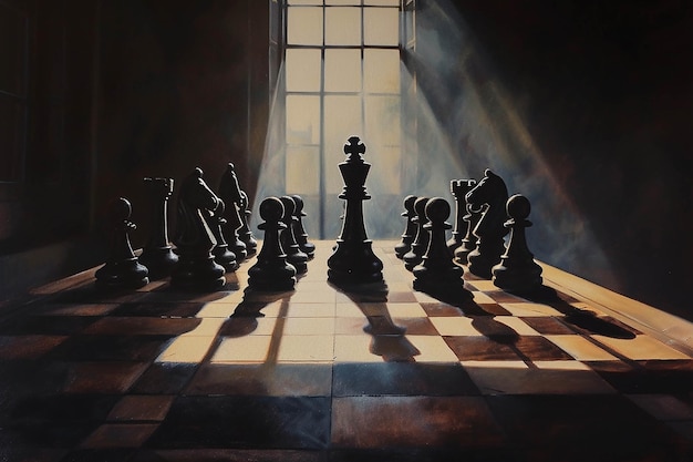 a painting of a chess board with chess pieces on it
