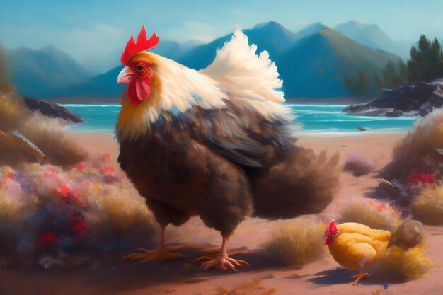 A painting of a chicken and a chicken