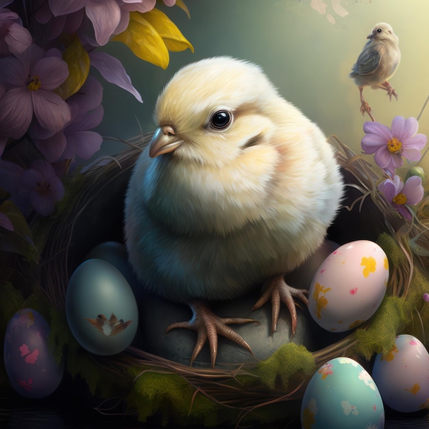 A painting of a chicken and eggs with a bird in the background.